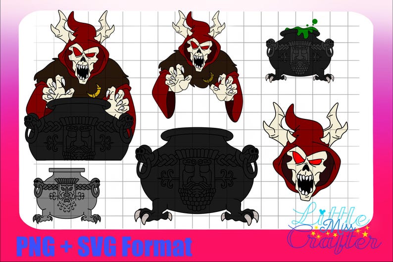 Pode incluir: Um design digital com uma figura esquel&eacute;tica vermelha e preta com chifres, segurando um caldeir&atilde;o. O design est&aacute; dispon&iacute;vel nos formatos PNG e SVG.