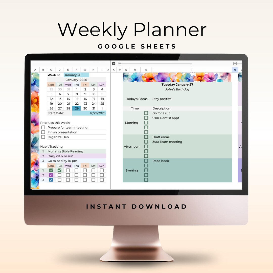 Simple Google Sheets Weekly Planner With Floral Border - Etsy
