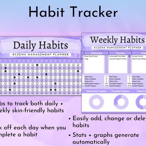 May include: A printable habit tracker with a purple and white color scheme. The tracker is divided into two sections: daily habits and weekly habits. The daily habits section is a grid with 31 squares, each representing a day of the month. The weekly habits section is a grid with three columns, each representing a day of the week. The tracker includes checkboxes for tracking habits and progress bars for visualizing progress.