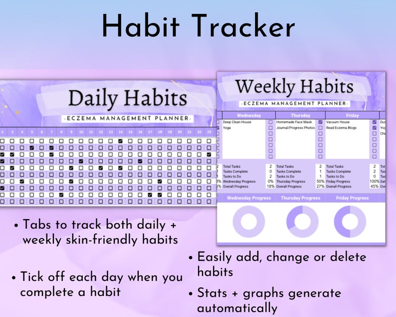 May include: A printable habit tracker with a purple and white color scheme. The tracker is divided into two sections: daily habits and weekly habits. The daily habits section is a grid with 31 squares, each representing a day of the month. The weekly habits section is a grid with three columns, each representing a day of the week. The tracker includes checkboxes for tracking habits and progress bars for visualizing progress.
