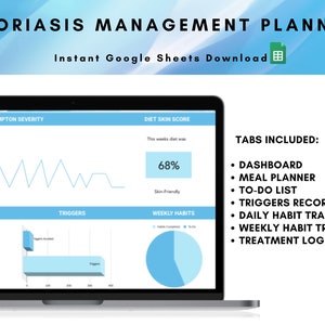 May include: A computer screen displaying a Google Sheets spreadsheet template for managing psoriasis. The spreadsheet includes tabs for a dashboard, meal planner, to-do list, triggers record, daily and weekly habit trackers, and a treatment log. The screen also shows a graph tracking symptom severity, a pie chart showing daily habits, and a bar graph showing triggers. The spreadsheet includes a diet skin score of 68%.