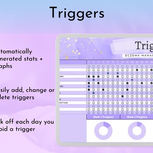 May include: A purple and gold digital planner with a checklist for tracking eczema triggers. The planner includes a section for recording daily triggers, a section for tracking progress, and a section for adding notes. The text "Triggers - Eczema Management Planner" is at the top of the planner.