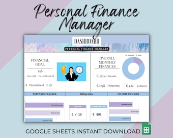 Personal Finance Manager Monthly Budget Planner. Bills, Income + Expenses Tracker. Google Sheets Budget Spreadsheet- Instant Download.