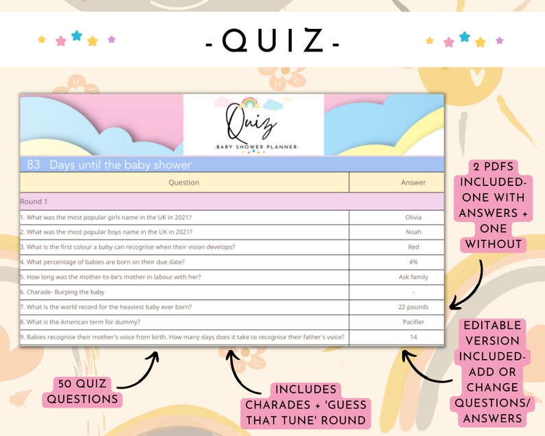 Baby Shower Planning Bundle Google Sheets Spreadsheet + Printables- Instant Download. Guestlist, Checklist, Quiz, Budget, Playlist + More