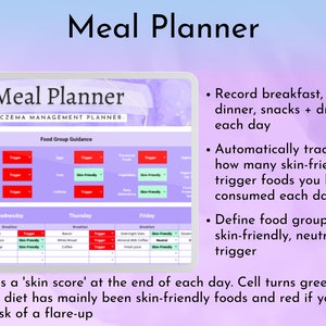May include: A screenshot of a meal planner app for people with eczema. The app has a food group guidance section, a calendar to track meals, and a skin score at the end of each day. The app helps users track their food intake and identify potential triggers for their eczema.
