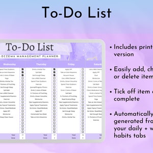 May include: A printable to-do list planner for managing eczema. The planner has a purple and white background with a checklist for each day of the week. The checklist includes items like "Get Enough Sleep", "Drink 2 Litres of Water", "Apply Topical Treatments", and "Take an Anti-Histamine".