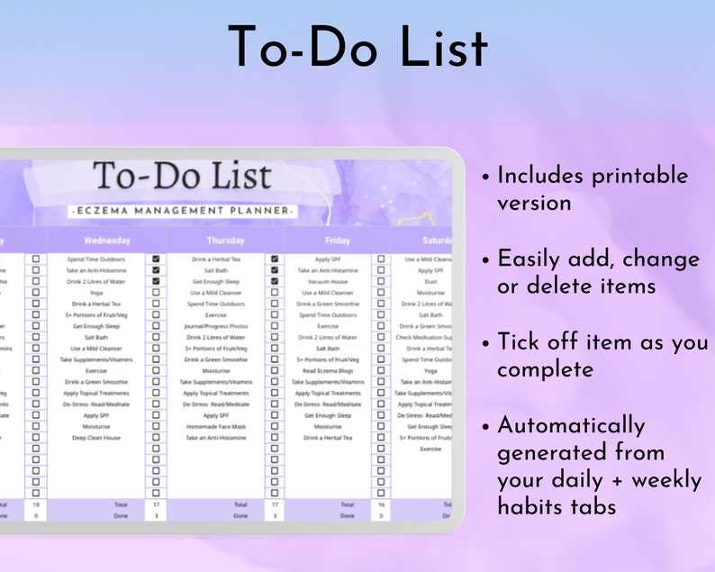 May include: A printable to-do list planner for managing eczema. The planner has a purple and white background with a checklist for each day of the week. The checklist includes items like "Get Enough Sleep", "Drink 2 Litres of Water", "Apply Topical Treatments", and "Take an Anti-Histamine".