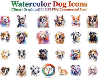 Set of 120 Watercolor Dog Icon Bundle - 300 DPI PNG - Instant Download for Commercial Use - Beagle, Border Collie, Bulldog, Corgi, Dalmatian