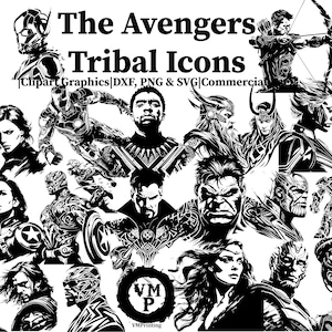 May include: Black and white tribal style illustrations of The Avengers characters, including Iron Man, Captain America, Thor, Hulk, Black Widow, Hawkeye, and more. The text "The Avengers Tribal Icons" is at the top of the image.