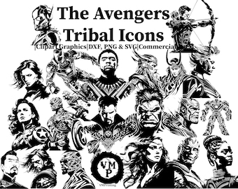 Tribal Avengers Icons, Black and White Clipart (SVG, PNG, DXF)