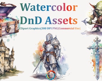 Set of 30 Watercolor Dungeons and Dragons Clipart Bundle - Treasure Chests, Swords, Knights, Castles, and Monsters - ALL for COMMERCIAL USE