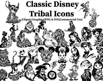 SVG et PNG - lot de 255 icônes tribales classiques - Mickey, Minnie, Donald, Alice, Frozen, Tangled, Peter et plus - le tout pour un usage commercial