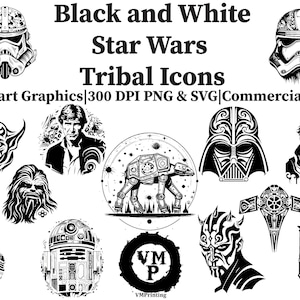 SVG & PNG - Set of 130 Black and White Tribal Wars Icon Bundle - Heroes, Villains, Robots, Stars, Spaceships - All for Commercial Use