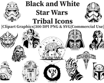 SVG & PNG - Set of 130 Black and White Tribal Wars Icon Bundle - Heroes, Villains, Robots, Stars, Spaceships - All for Commercial Use
