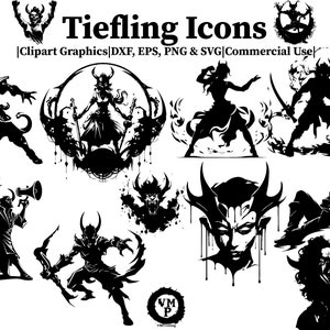 May include: A set of ten black and white vector illustrations of tieflings, a type of demon-blooded human in fantasy role-playing games. The illustrations are in a stylized, graphic style and feature various poses and expressions.