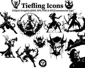 DXF, Eps, SVG & PNG - Set of 40 Dungeons and Dragons Tiefling Icons Bundle - Clipart Graphics - Various Emotions and Poses - Commercial Use