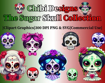 Set of 80 Chibi Designs Clipart Bundle-300 DPI PNG & SVG-The Sugar Skull Collection-Dia de Los Muertos, Catarinas-All for Commercial Use