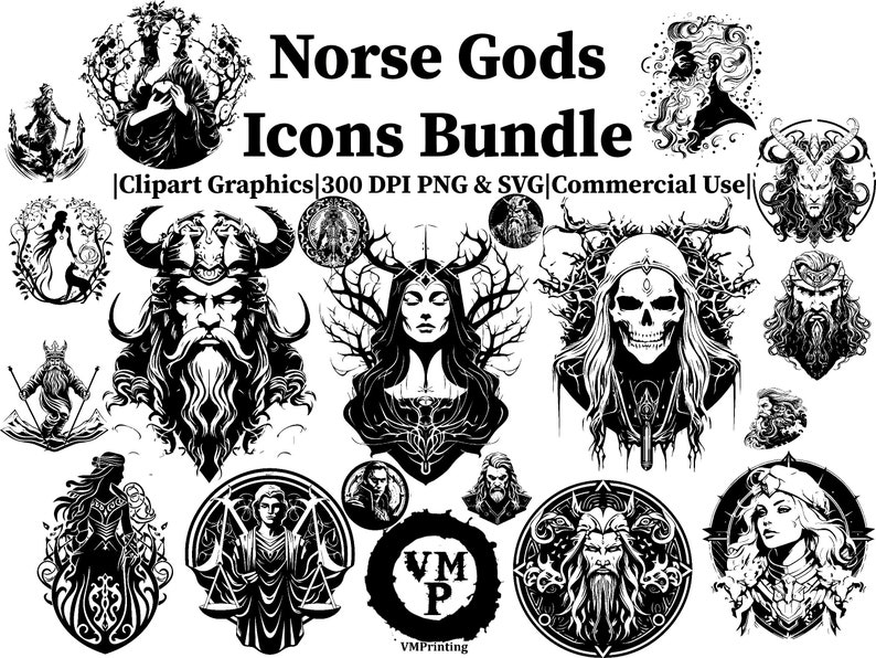 SVG & PNG Set von 109 nordischen Göttern Icons Bundle-Wikinger Mythologie-Hel, Odin, Loki, Thor und mehr Clipart Grafiken Alle für kommerzielle Nutzung Bild 1