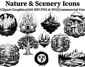 SVG & PNG - Set of 228 Nature and Scenery Icons Bundle - Mountains, Rivers, Space, Forests, Mushrooms, Castles, etc - All for Commercial Use