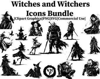 SVG & PNG - Set of 218 Witches, Witch Hunters, and Witchers Icons Bundle - Cats, Imps, Crows, and Bats - All for Commercial Use