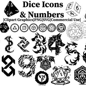 SVG & PNG - Uppsättning av 136 Dungeons and Dragons tärningsikoner och siffror - 0-9, D4, D6, D8, D10, D12, D20, runor, vargar och mer - Kommersiellt bruk