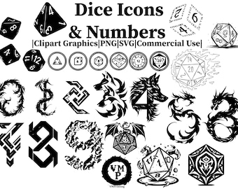 SVG & PNG - Set of 136 Dungeons and Dragons Dice Icons and Numbers - 0-9,D4, D6, D8, D10, D12, D20, Runes, Wolves, and More - Commercial Use