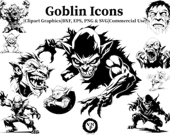 DXF, Eps, SVG & PNG - Set of 44 Dungeons and Dragons Goblin Icons Bundle - Clipart Graphics - Various Emotions and Poses - Commercial Use