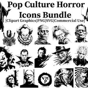 Peut inclure: Illustrations en noir et blanc de personnages de films d'horreur, dont Freddy Krueger, Jason Voorhees, Michael Myers et Pennywise le clown dansant. Le texte "Pop Culture Horror Icons Bundle" est en haut de l'image.