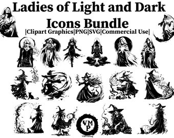 SVG & PNG - Set of 208 Ladies of Light and Dark Icons Bundle - Oracles, Witches and their Familiars: Cats and Bats - All for Commercial Use