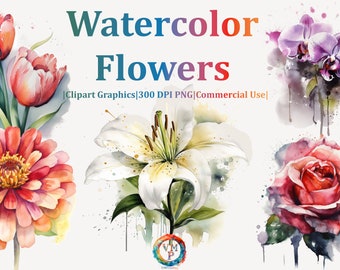 Set of 30 Watercolor Spring Flowers Clipart Bundle - 300 DPI PNG - Lillies, Tulips, Sunflowers, Roses, Orchids, Daisies - All Commercial Use
