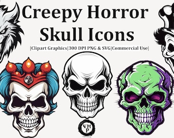 SVG & PNG-Set of 60 Creepy Horror Skull Icon Bundle-Monsters, Clowns, Zombies, Bats, Werewolves, Demons, Sugar Skulls-All for Commercial Use