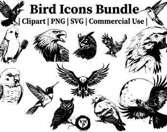 Bird Icons Clipart Bundle – Eagle, Owl, Raven (SVG, PNG, Commercial Use)