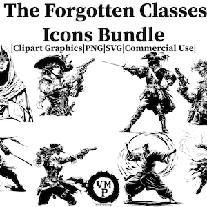 May include: A black and white digital art bundle titled "The Forgotten Classes Icons Bundle." The image features various character illustrations, including a hooded figure, a pirate with a pistol, a swordsman, and a martial artist. The bundle includes clipart graphics, PNG, SVG, and is for commercial use.