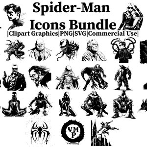 以下が含まれることがあります： スパイダーマンアイコンバンドルの白黒グラフィック。画像には、さまざまなキャラクターの肖像画とアクションポーズが含まれています。「Spider-Man Icons Bundle」と「Clipart Graphics | PNG | SVG | Commercial Use」というテキストが含まれています。