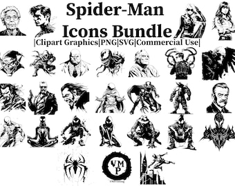 SVG & PNG - Set of 211 Spider-Man Icons Bundle - Green Goblin, Vulture, Venom, Doc Ock, Miles Morales, Morbius, and More - Commercial Use