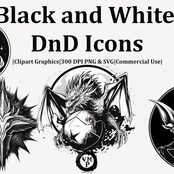 SVG & PNG -Set of 50 Black and White Dungeons and Dragons Icon Bundle - Monsters, Adventurers, Landscapes, Symbols - All for Commercial Use