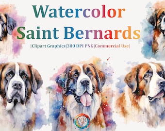 Set van 10 aquarel Saint Bernards clipart bundel - 300 DPI PNG - Instant Download voor commercieel gebruik
