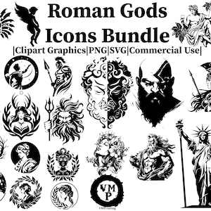 May include: Black and white vector illustrations of Roman gods and goddesses. The icons include a variety of figures, such as a winged angel, a woman with a crown, a man with a beard, and a woman with a helmet. The text "Roman Gods Icons Bundle" is at the top of the image. The text "Clipart Graphics|PNG|SVG|Commercial Use" is below the title.