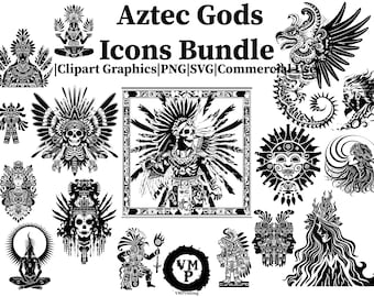 SVG & PNG - Set of 240 Aztec Gods Icons Bundle-Mythology-Quetzalcoatl, Huitzilopochtli, and More - Clipart Graphics - All For Commercial Use