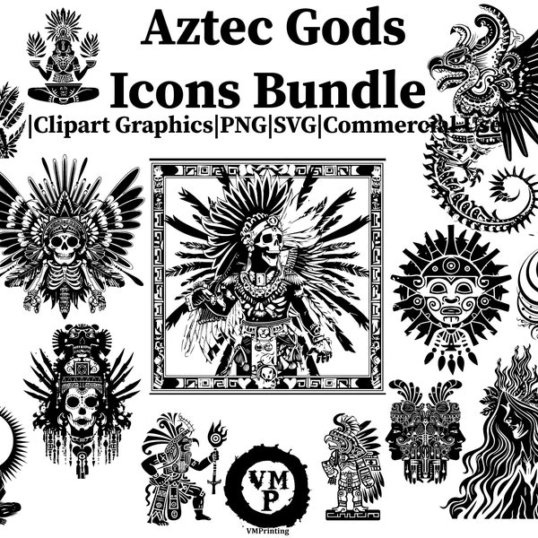 SVG & PNG - Set of 240 Aztec Gods Icons Bundle-Mythology-Quetzalcoatl, Huitzilopochtli, and More - Clipart Graphics - All For Commercial Use