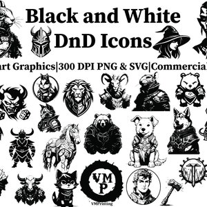 SVG & PNG - Set mit 225 Schwarzweiß-Dungeons und Drachen Icon Bundle - Monster, Abenteurer, Tiere, Waffen - Alle für den kommerziellen Gebrauch