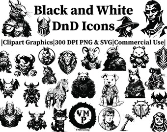 SVG & PNG - Set of 225 Black and White Dungeons and Dragons Icon Bundle - Monsters, Adventurers, Animals, Weapons - All for Commercial Use