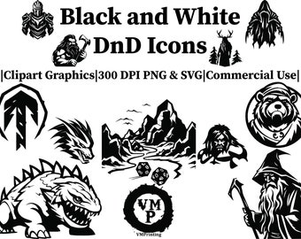 SVG & PNG -Set of 160 Black and White Dungeons and Dragons Icon Bundle - Monsters, Adventurers, Landscapes, Symbols - All for Commercial Use