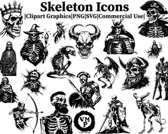 SVG & PNG - Set of 192 Skeleton Icons Bundle - Demonic, Dragon, Viking, Samurai, Knight, Necromancer, and more - All For Commercial Use