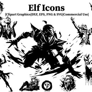 May include: Black and white vector illustrations of elves in various poses. The illustrations are in a stylized, graphic style. The text "Elf Icons" is at the top of the image.