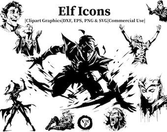 Elf SVG Bundle, 40 D&D Fantasy Elf Character Icons, PNG and DXF