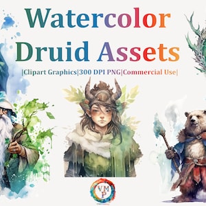 Set di 50 Clipart Bundle di risorse druidi ad acquerello - PNG 300 DPI - Magia della terra, trasformazioni animali, rune e altro - Tutto per uso commerciale