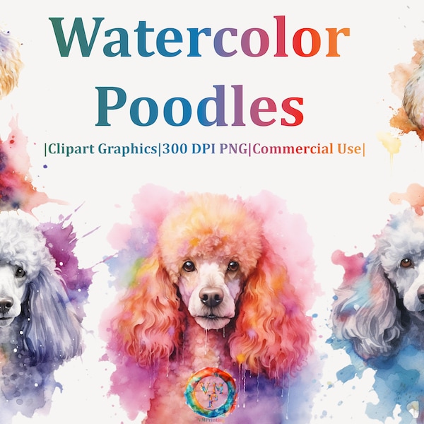 Set of 10 Watercolor Poodles Clipart Bundle - 300 DPI PNG - Instant Download for Commercial Use