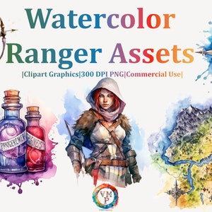 Conjunto de 60 imágenes prediseñadas de acuarela de Rangers (300 DPI PNG): mapa, brújula, poción, arco, flecha, cuchillo, equipo de campamento. Todo para uso comercial.