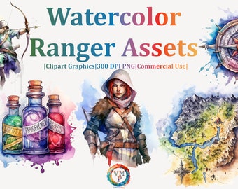 Set of 60 Watercolor Ranger Assets Clipart Bundle - 300 DPI PNG - Map, Compass, Potion, Bow, Arrow, Knife, Campkit  - All for Commercial Use